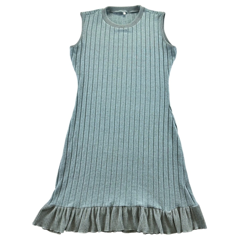 Dusty Blue Ribbed Knit Sleeveless Ruffle Hem Mini Dress‎ Womens 2XL Crew Neck